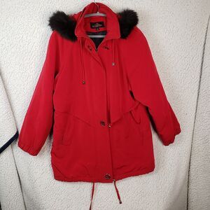 FS Limited Red Parka Jacket Womens M Fox Fur Hood Y2K Snowcore Baddie 42x31